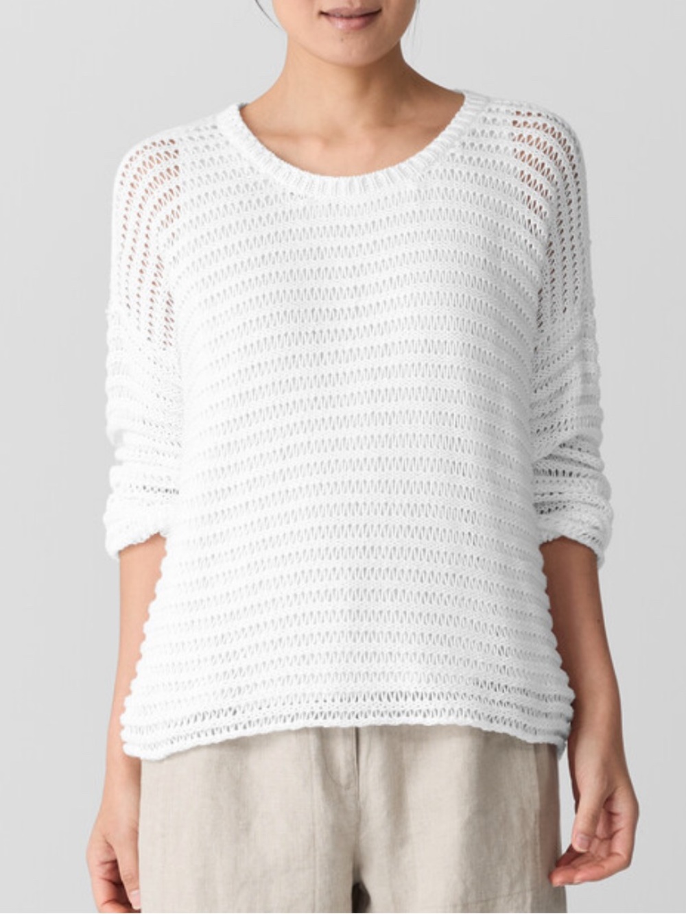 Eileen Fisher White Open-Weave Crewneck Pullover